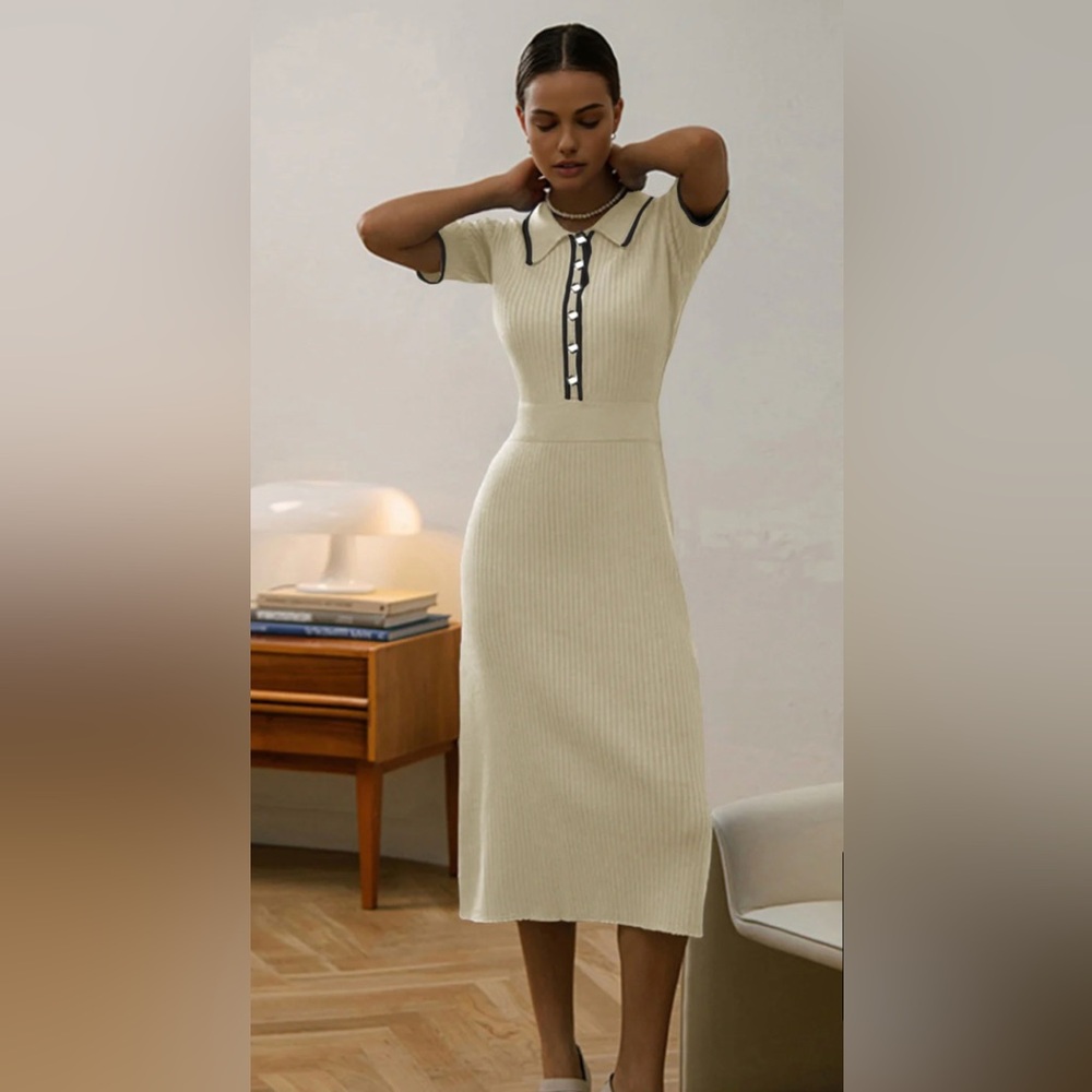 Contrast Trim Collared Rib Knit Short Sleeve Midi Dress